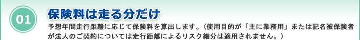 01:ソニー損保の自動車保険なら、保険料は走る分だけ　予想年間走行距離に応じて保険料を算出します。